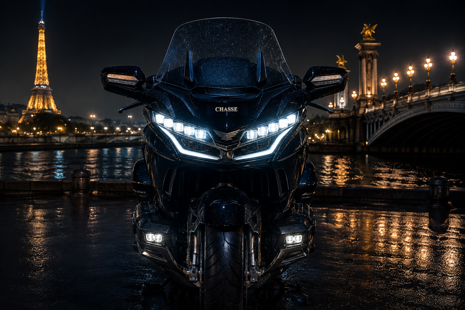 Moto Gold Wing CHASSE face à la Tour Eiffel et au Pont Alexandre III, quais de Seine, Paris